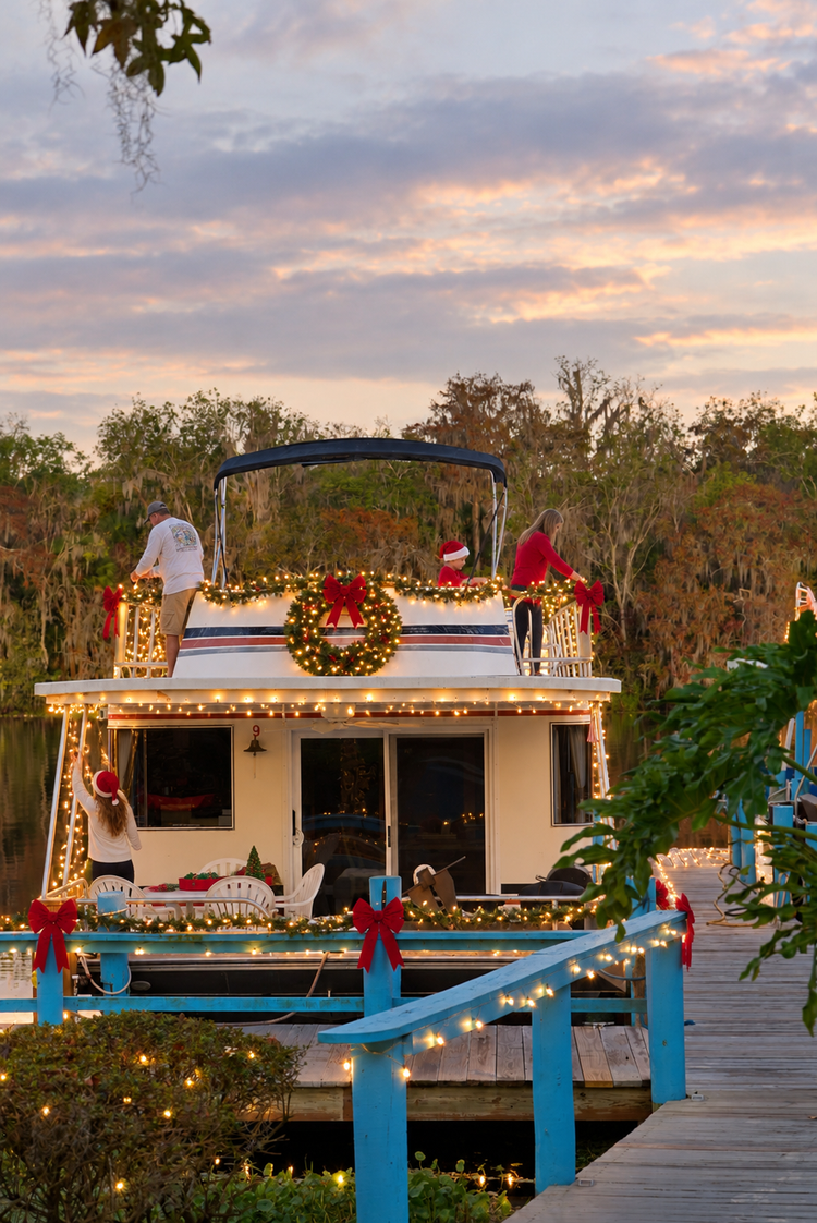 A family hanging lights, bows and a wreath on a houseboat at the Holly Bluff dock at sunset