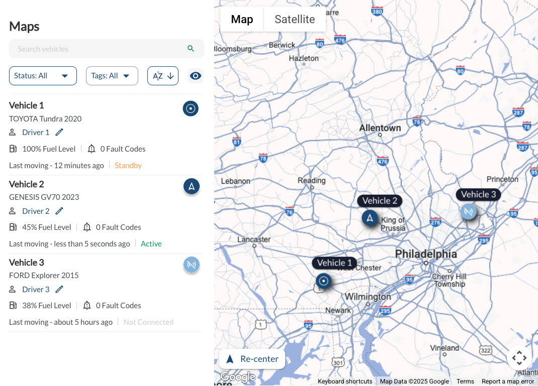 LytxOne map view showing vehicles, drivers, status, fuel level and live GPS tracking