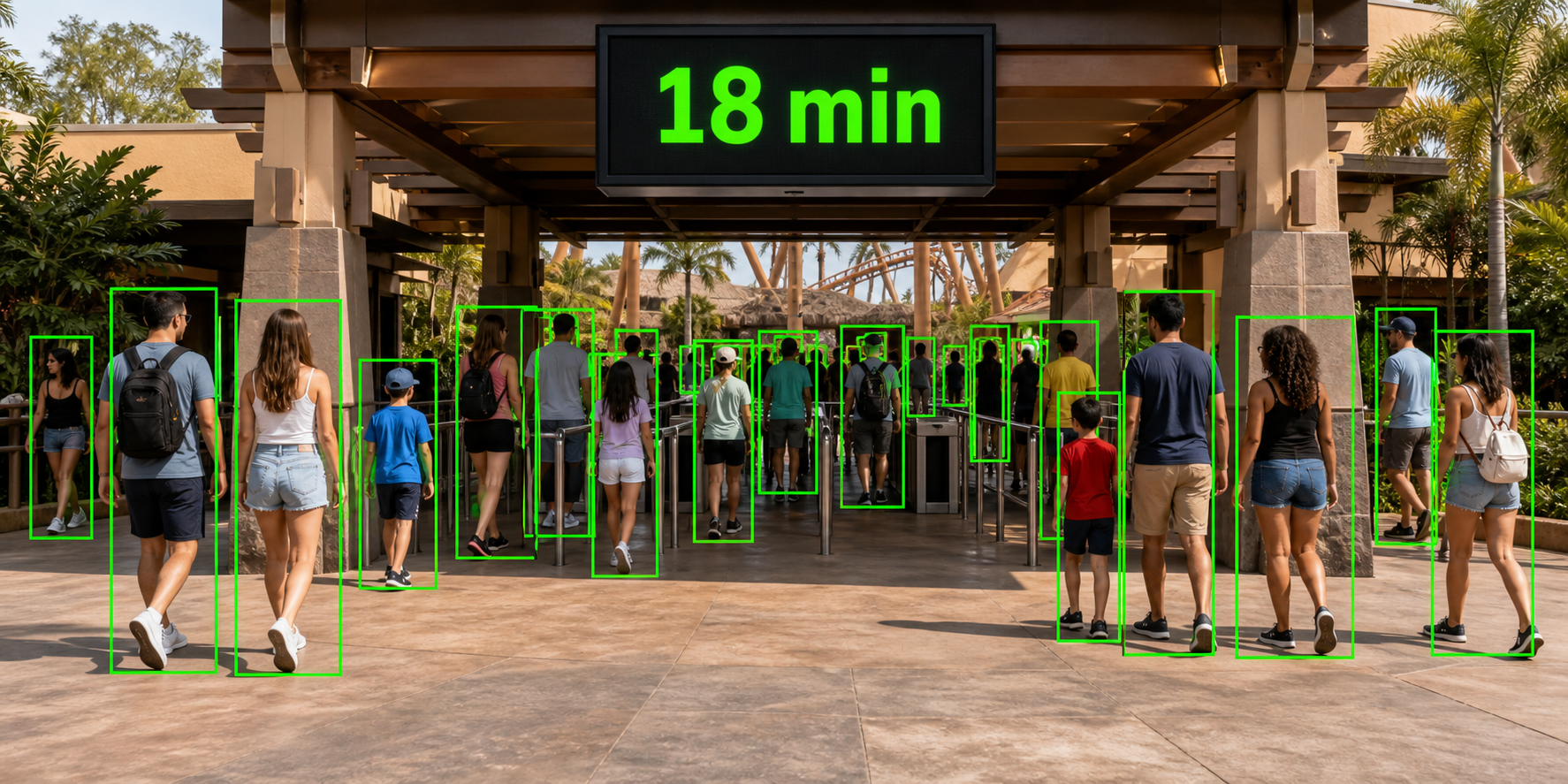 Guests entering a queue under a sign showing an 18 minute wait