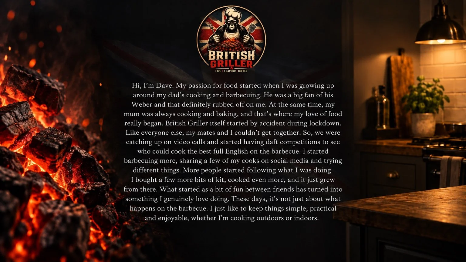 British Griller About Dave story with glowing embers, British Griller emblem and warm kitchen