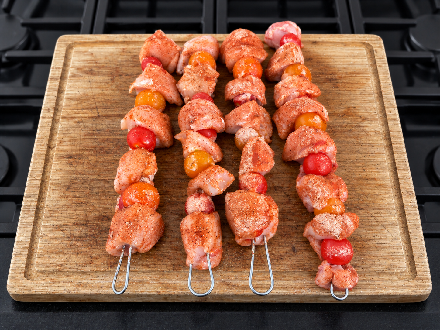 Chicken and red and yellow cherry tomato skewers ready for the barbecue