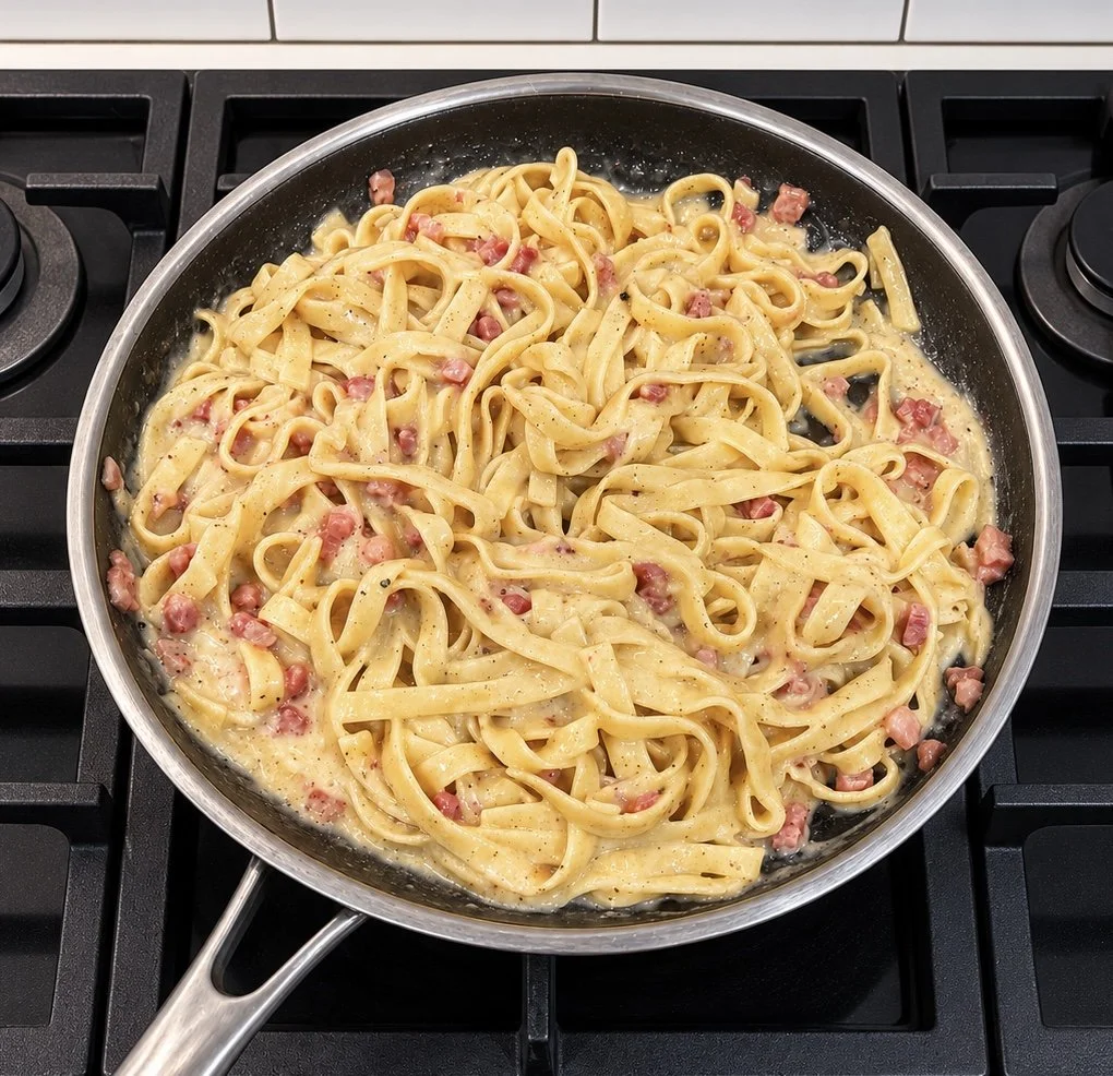 Carbonara pasta with pancetta and Pecorino Romano in Dave’s frying pan