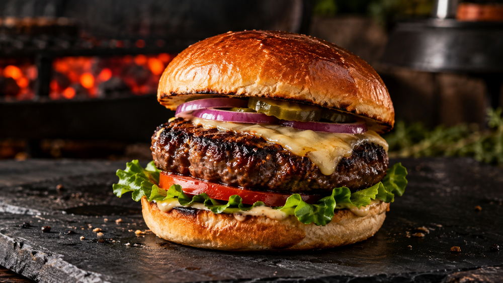 Classic beef burger on a toasted bun beside a charcoal barbecue