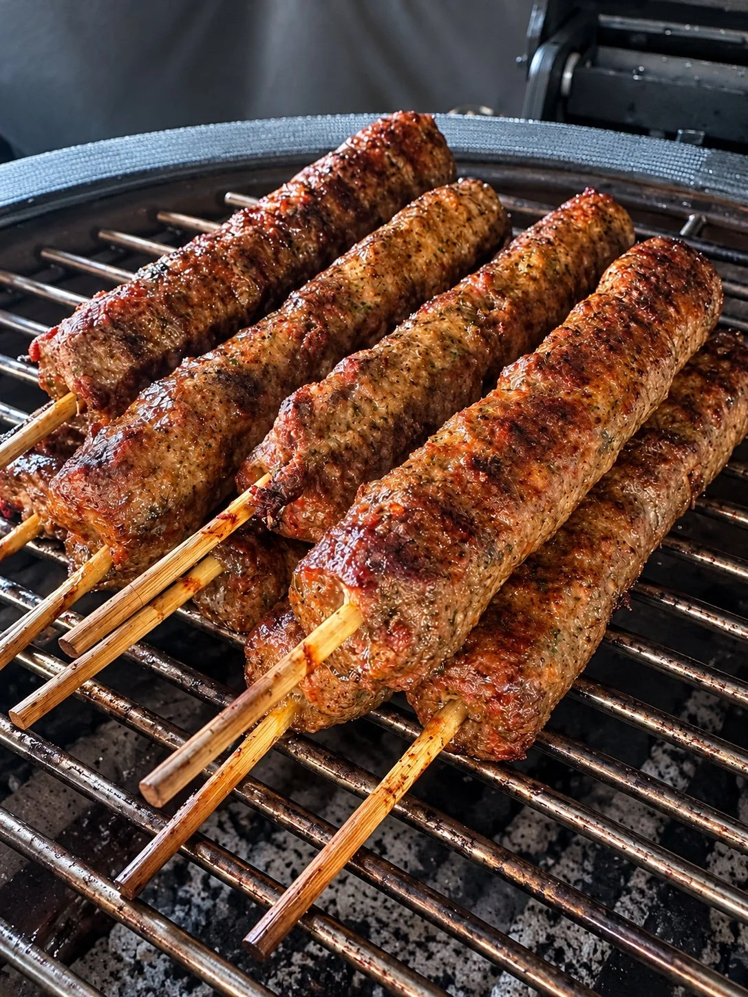 Chargrilled lamb kofta kebabs on wooden skewers over the barbecue