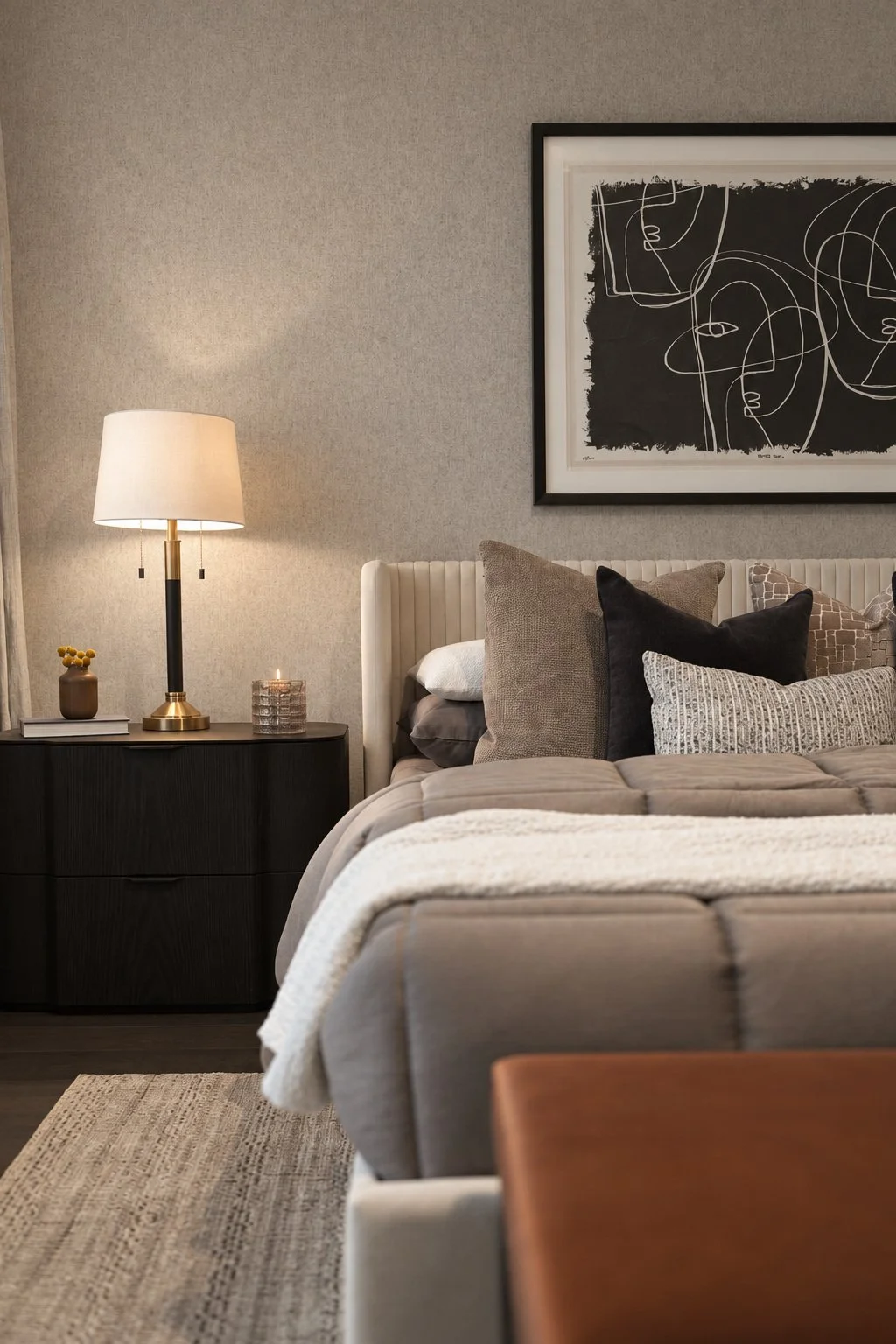 Bedside composition of brass lamp, textured linens and framed artwork