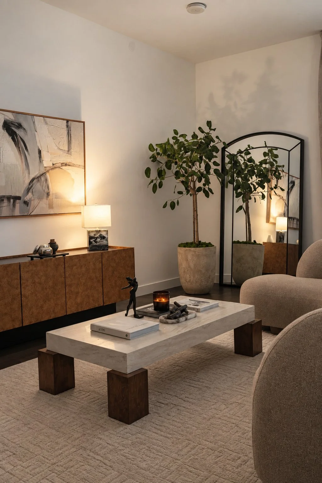 Collected living room with burl wood cabinet, pale stone table and arched mirror