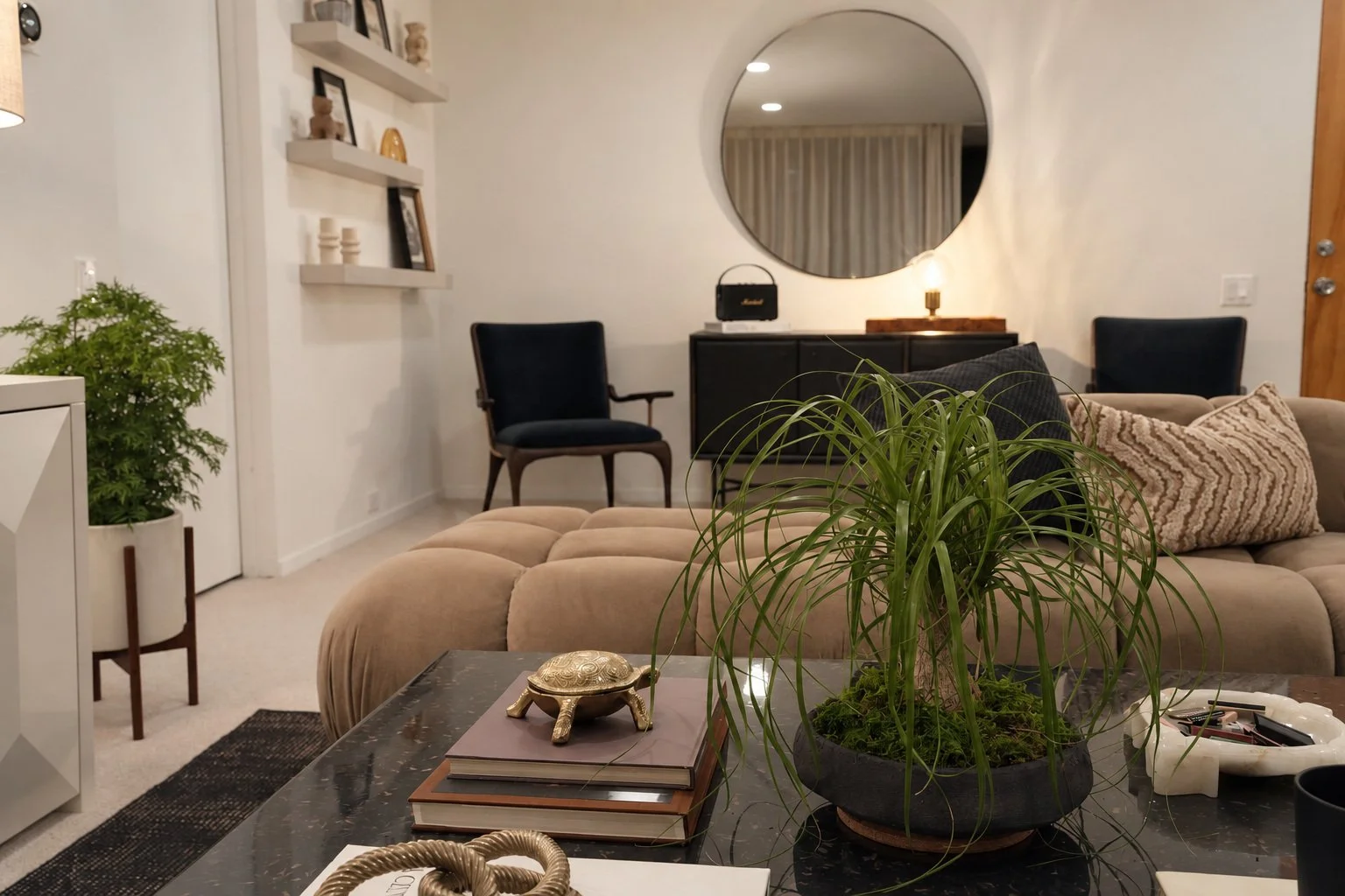 Coffee table detail with sculptural greenery, stacked books and a brass turtle