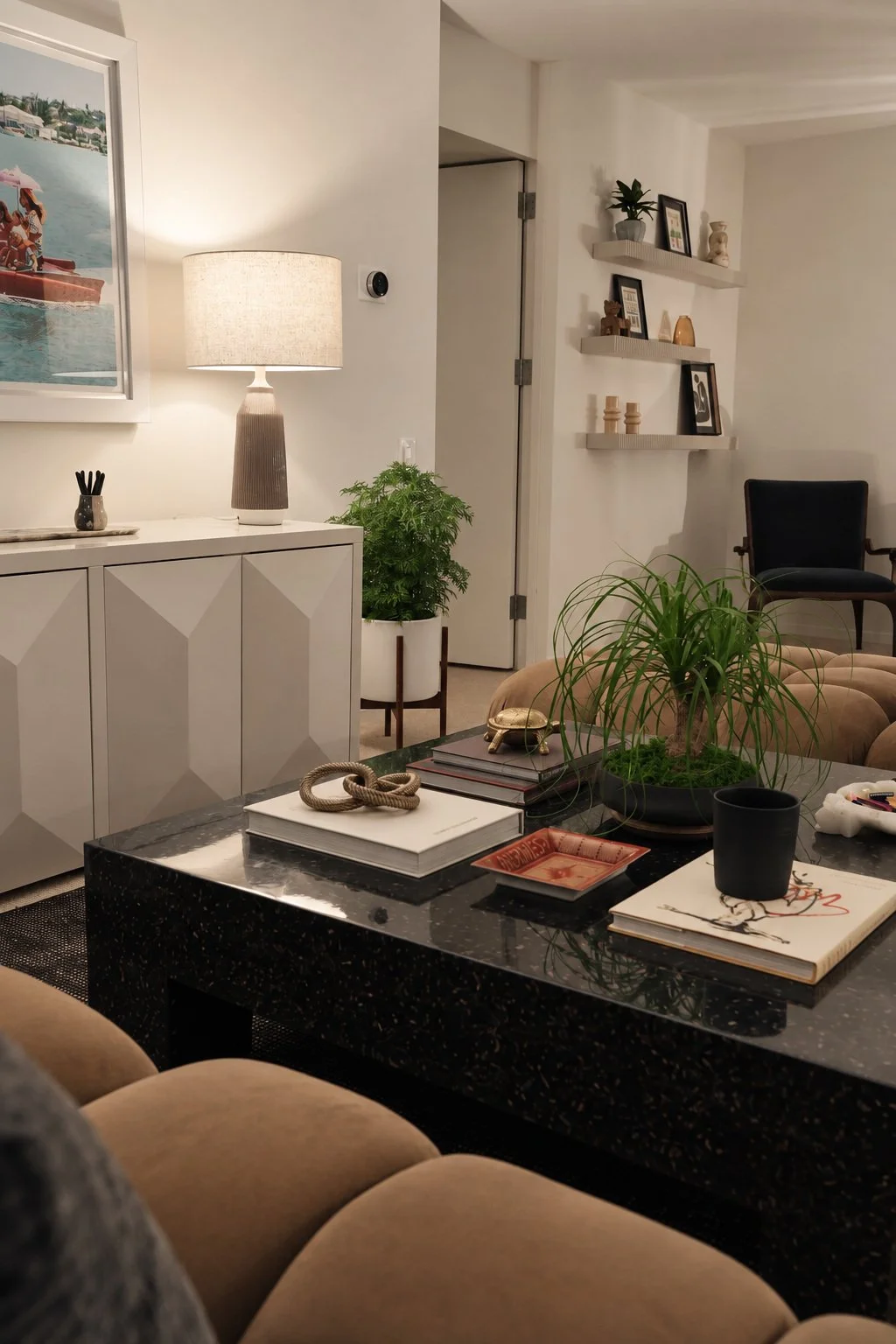 Sculptural cabinet and black coffee table styled with books and greenery