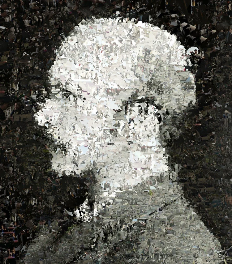 Profile portrait of Abbott Thayer built from thousands of tiny photographs of soldiers, the face pale against a dark ground