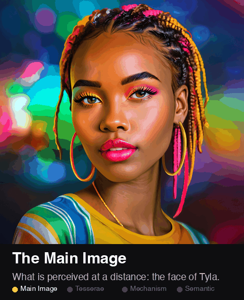 Animation: a portrait of the singer Tyla is overlaid with Squares, Arabesque and Custom Grid Mask grids, rebuilt as mosaics from the Nini and African2025 libraries, then annotated tile by tile with what each means for her