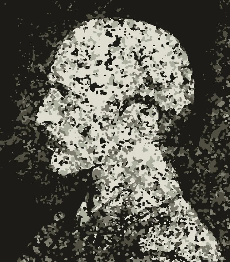 Profile portrait of Abbott Thayer built from small clusters of dark and light dots in grey tones, the face clear against a dark ground