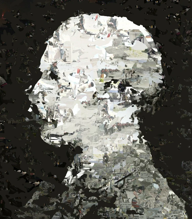 Profile portrait of Abbott Thayer with the darkest tiger stripes painted flat over a mosaic of photographs of soldiers