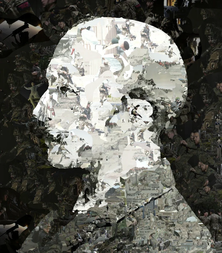 Profile portrait of Abbott Thayer in larger photographs of soldiers cut to the shapes of camouflage strokes
