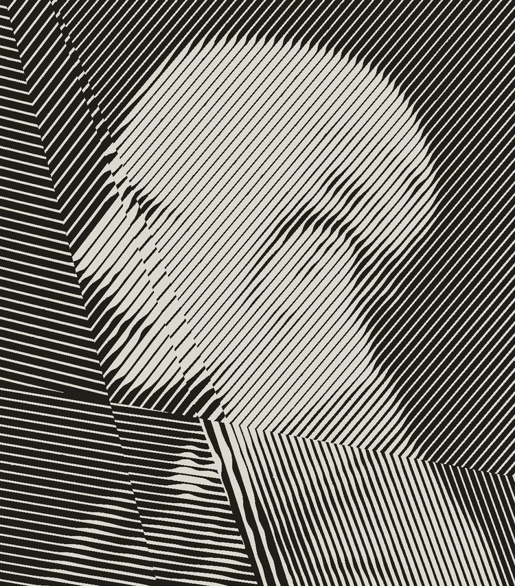 Profile portrait drawn in thin diagonal bands that swell in the shadows and thin out in the light, like an engraving