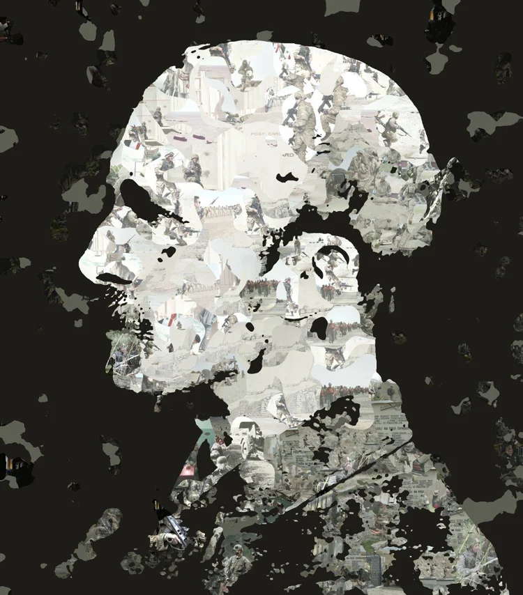 Profile portrait of Abbott Thayer with the darkest blotches painted flat and the rest made of photographs of soldiers