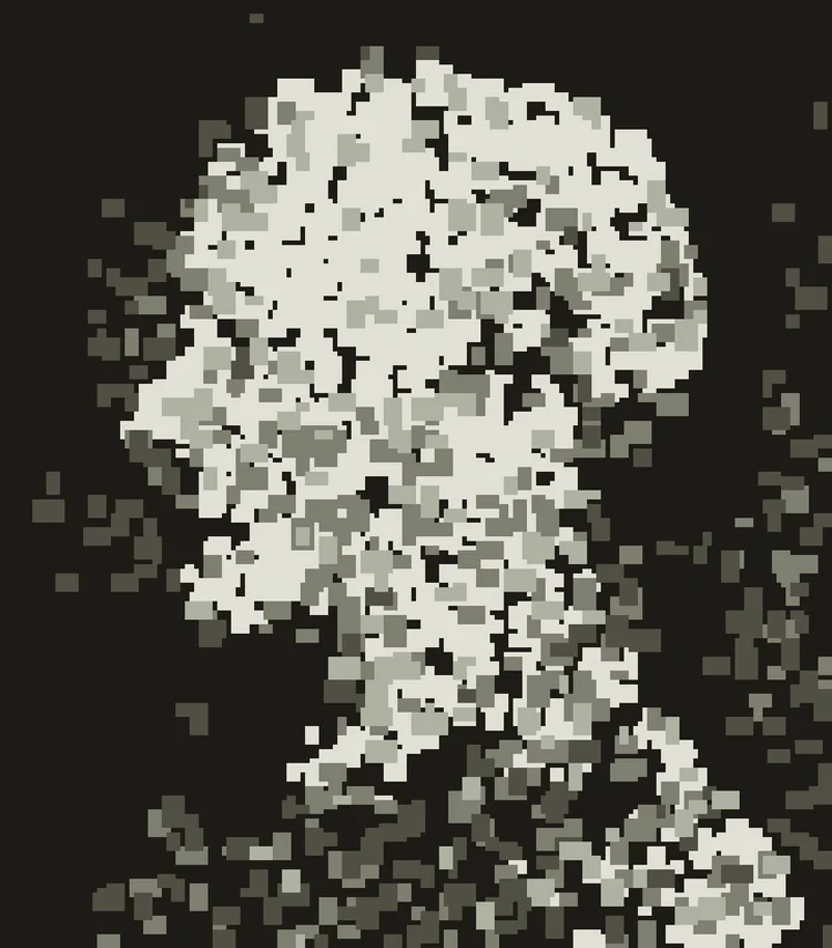 Profile portrait built from small square blocks in grey tones, like digital camouflage; the face can be read