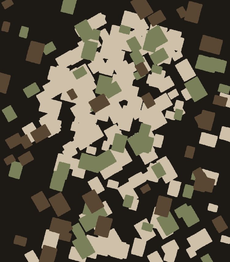 Tan, olive, brown and black rectangular blocks piled at different angles; the head can only be guessed