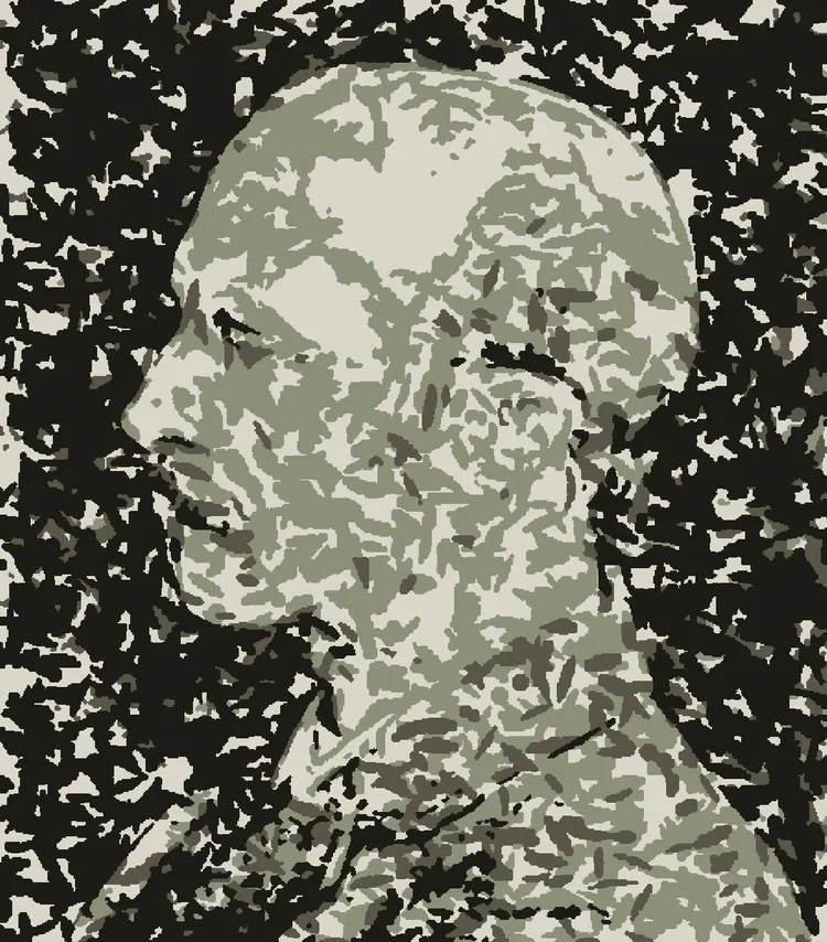 The same portrait with longer, coarser camouflage strokes; the face is still readable against a busy background