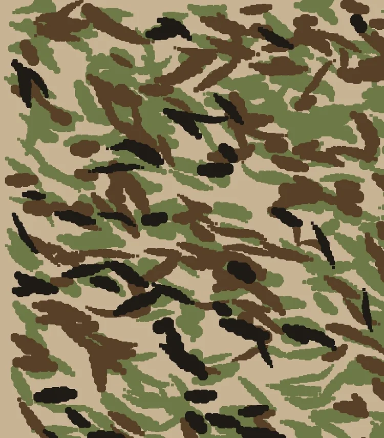 Pure camouflage pattern of tan, olive, brown and black strokes with no trace of a portrait