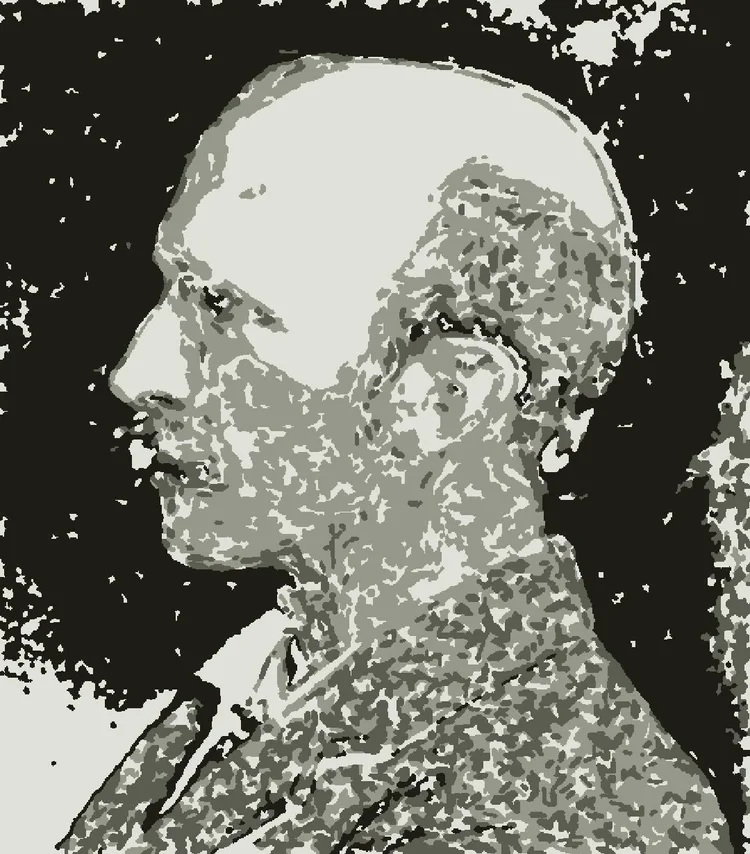 Abbott Handerson Thayer in profile, rendered as a mosaic of fine camouflage strokes in four grey tones