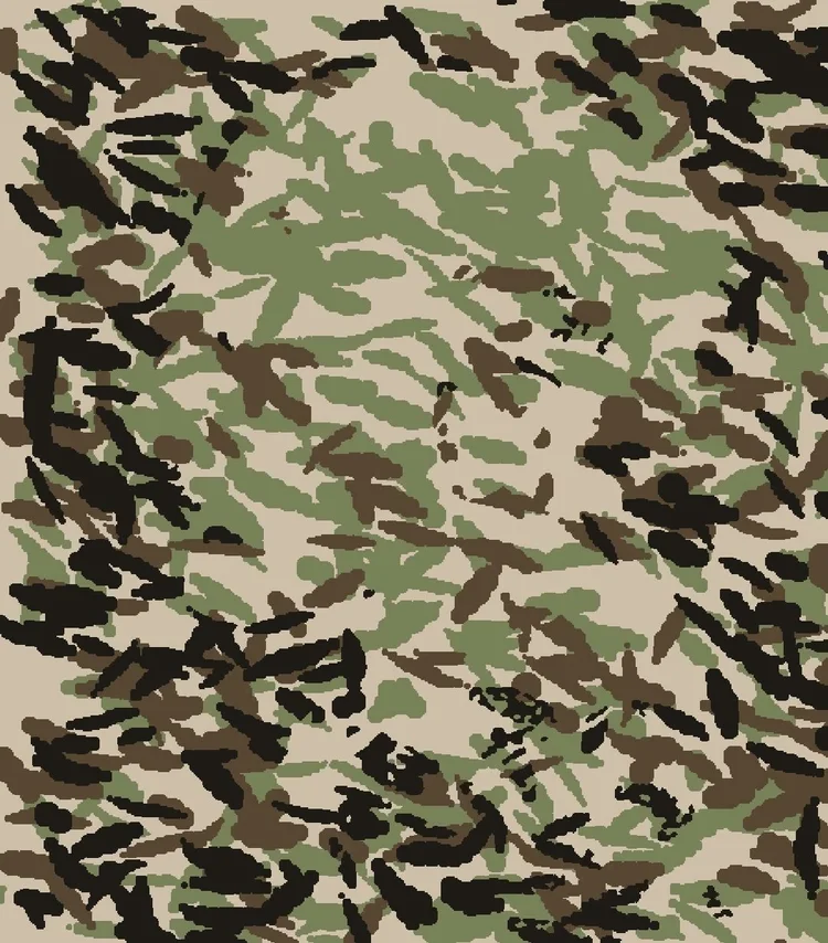 Camouflage strokes in tan, olive, brown and black in which the profile of a face can barely be guessed