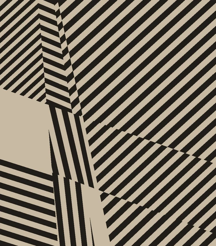 Hard parallel tan and black bands cut into clashing panels at different angles, like First World War dazzle; no portrait can be seen
