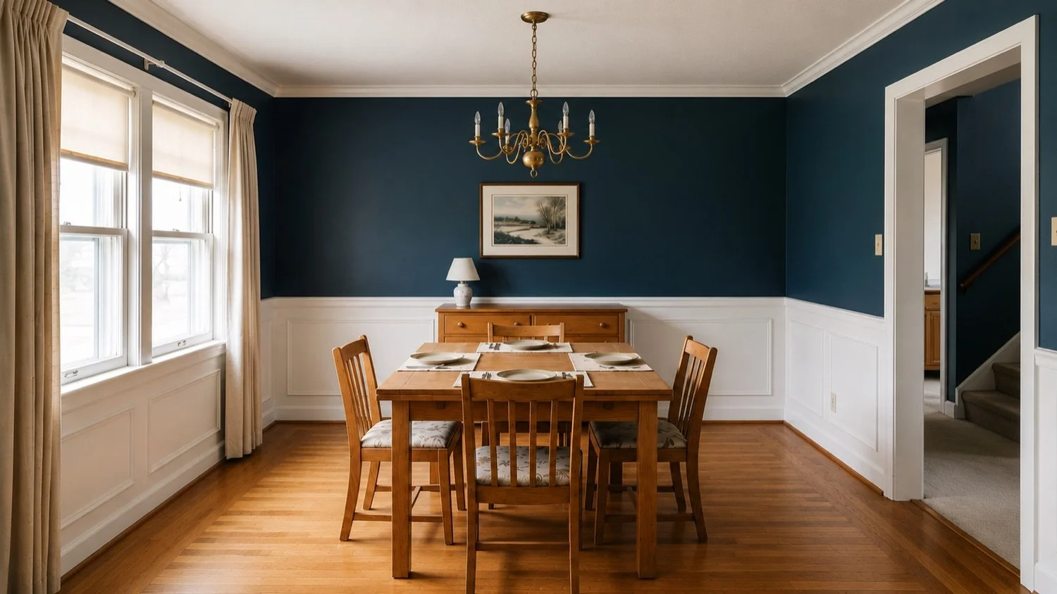 Spanier Painting interior — a real dining-room repaint, deep blue walls and crisp white trim