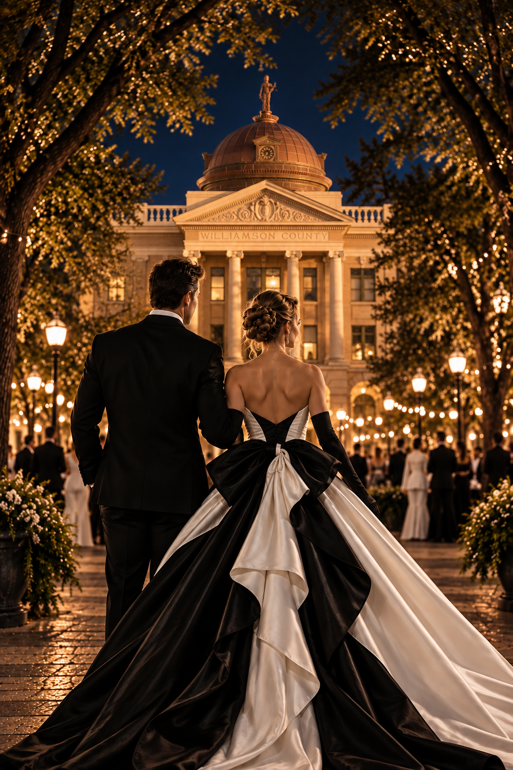 A couple in black-and-white formalwear with the Williamson County Courthouse behind them