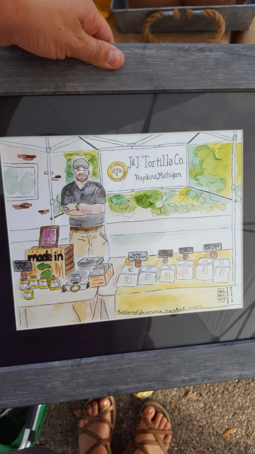 Framed watercolor of the J&J market booth