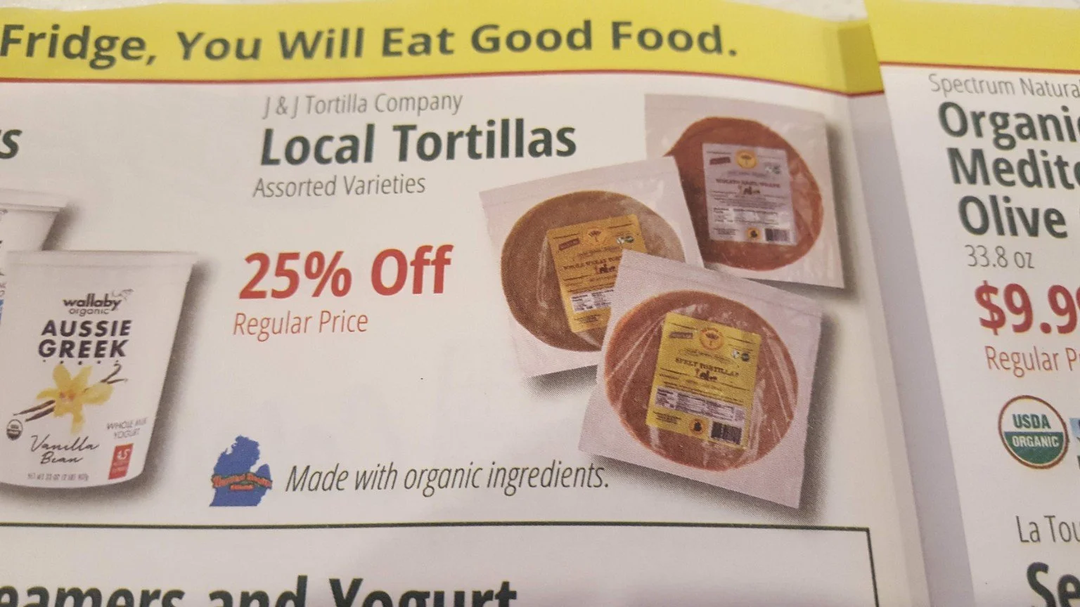 Historical retail circular featuring J&J Local Tortillas