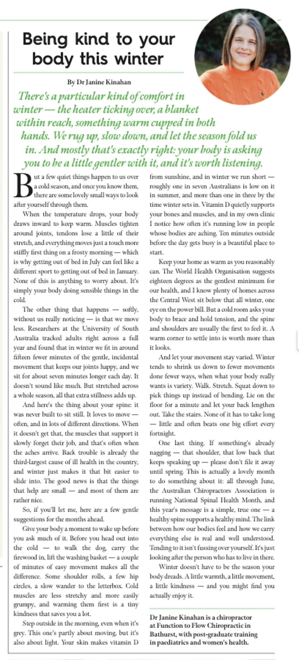 Village Voice by-lined column &ldquo;Being kind to your body this winter&rdquo;, Issue 127, 18 June 2026, by Dr Janine Kinahan