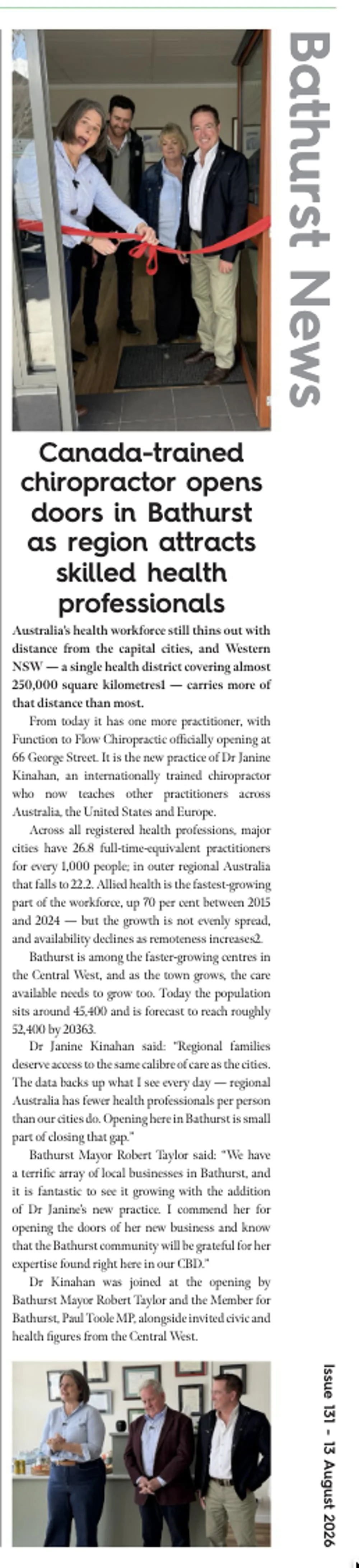 Village Voice news article &ldquo;Canada-trained chiropractor opens doors in Bathurst&rdquo;, Issue 131, 13 August 2026, page 13