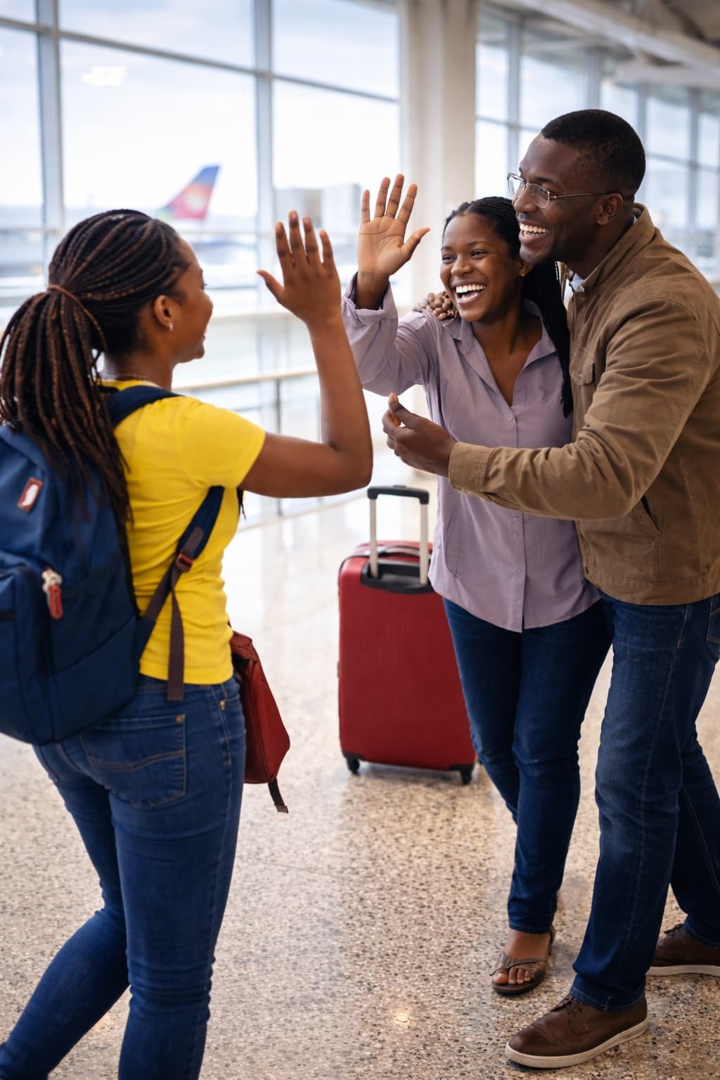 Student at airport farewell — beginning the journey to the UK