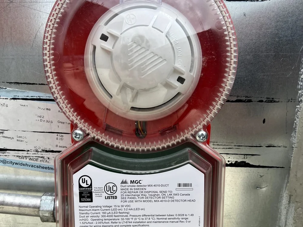 Duct smoke detector installed on ductwork