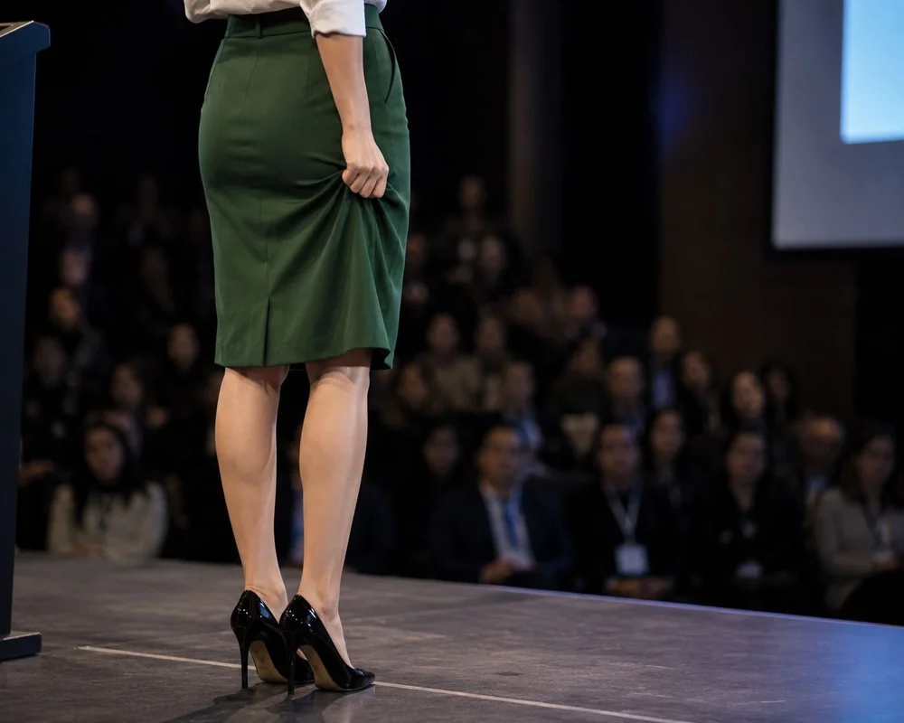 A speaker gripping her skirt nervously before stepping on stage