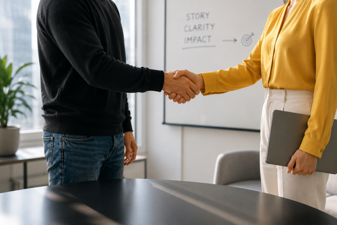 A warm handshake between two professionals, symbolizing trust and partnership