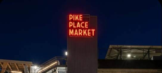 Pike Place Market neon sign installation by Plumb Signs