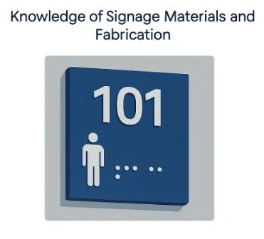 Close-up of durable room identification sign with tactile and braille elements.