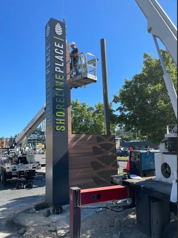 Shoreline Place 35-foot illuminated double-face pylon sign installation in King County, WA by Plumb Signs