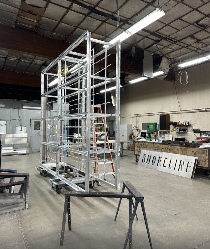 Shoreline Place pylon sign frame being fabricated in the Plumb Signs shop in Tacoma, Washington