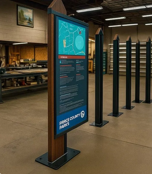 Pierce County Parks wayfinding signs being assembled in the Plumb Signs Tacoma shop