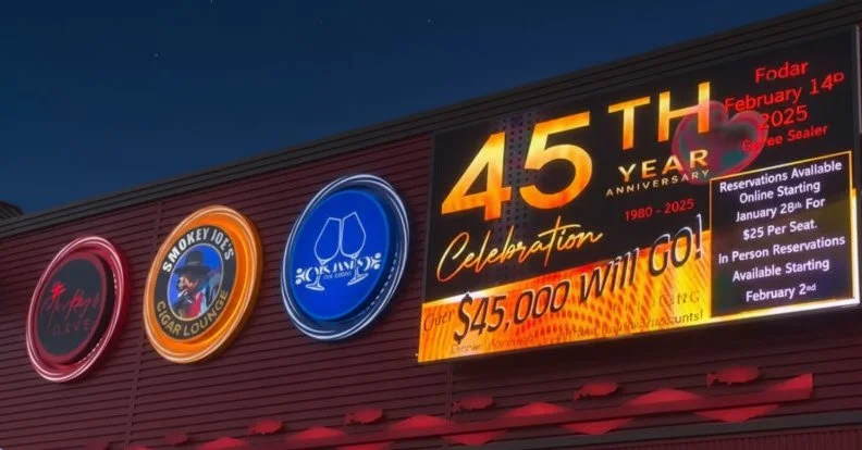 BJ’s Bingo casino completed illuminated signage at night in Fife WA