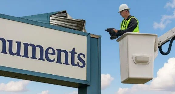 Technician repairing storm-damaged signage