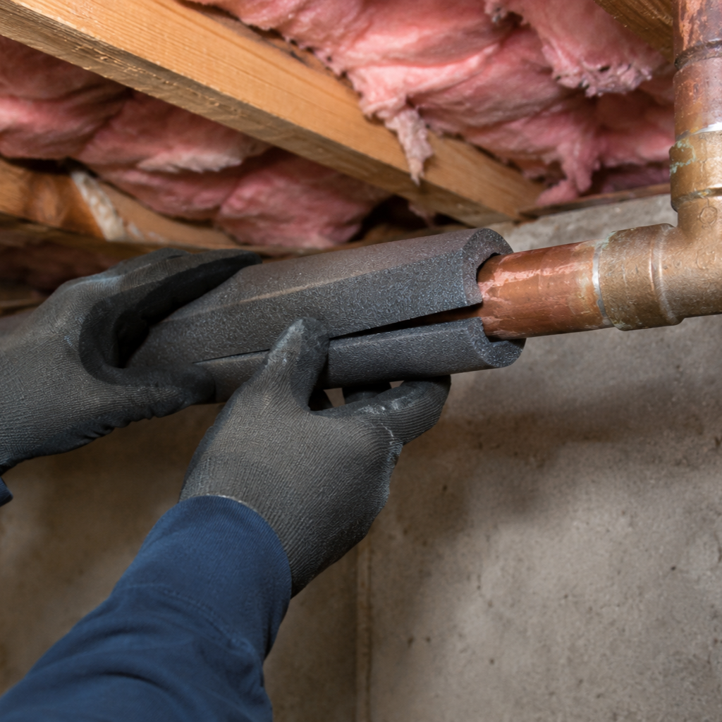 insulated basement pipe with frost on copper surface