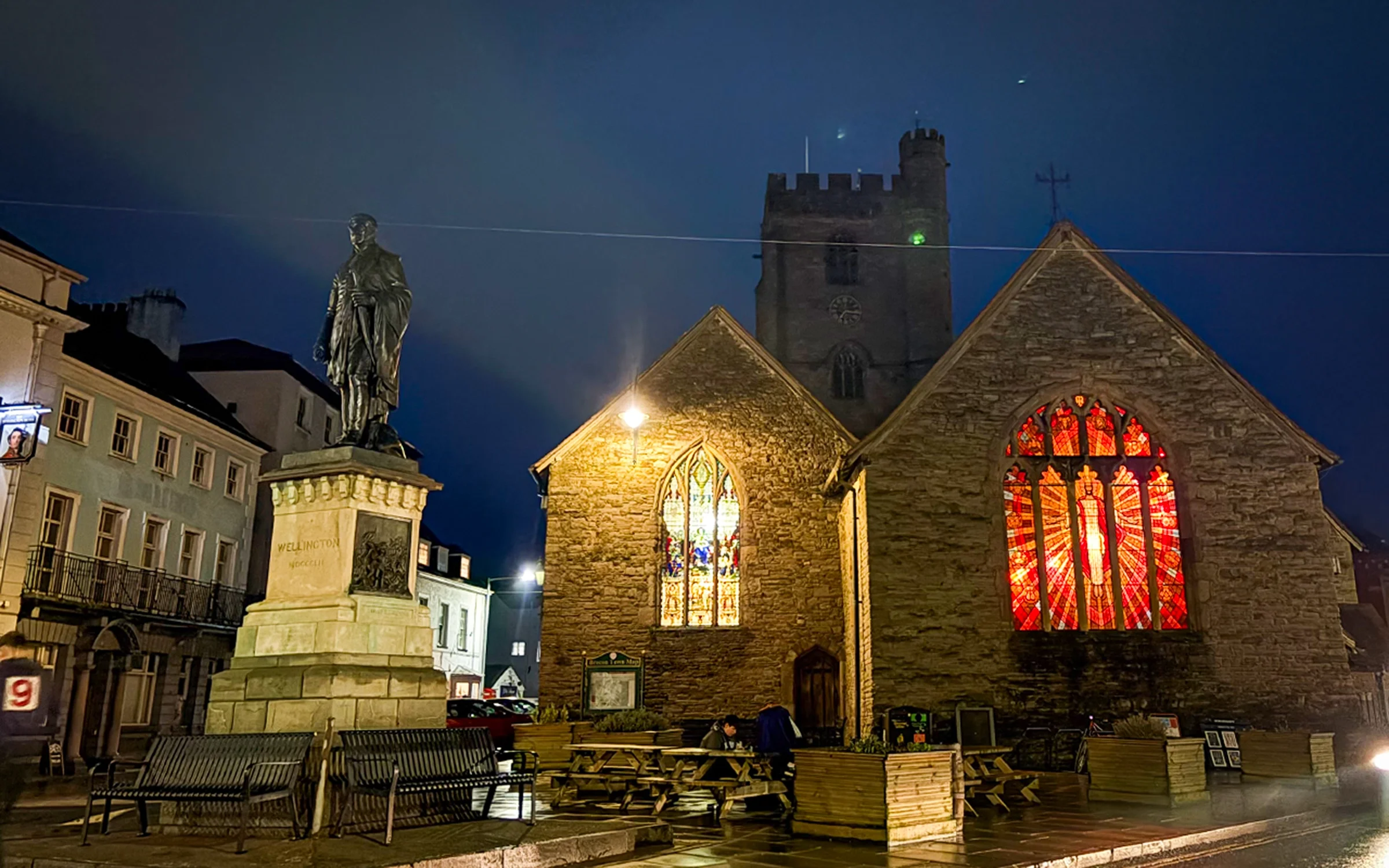 St Mary's windows lit at night