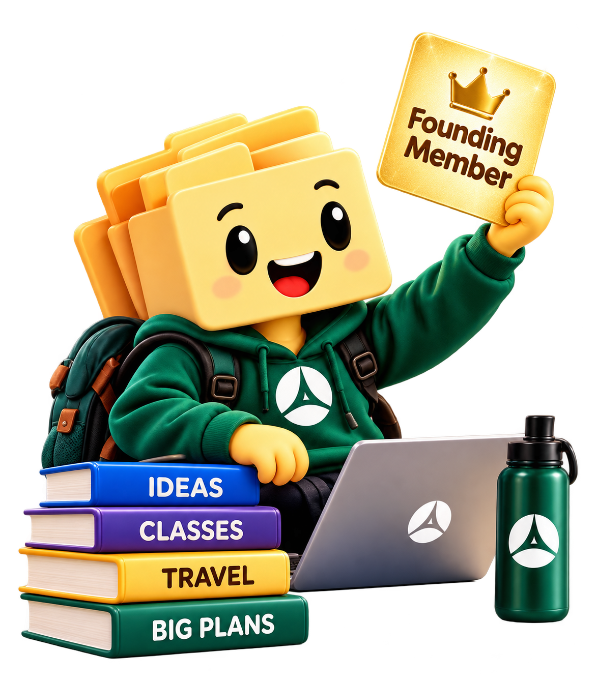 Treevah yellow folder mascot holding a founding member sign
