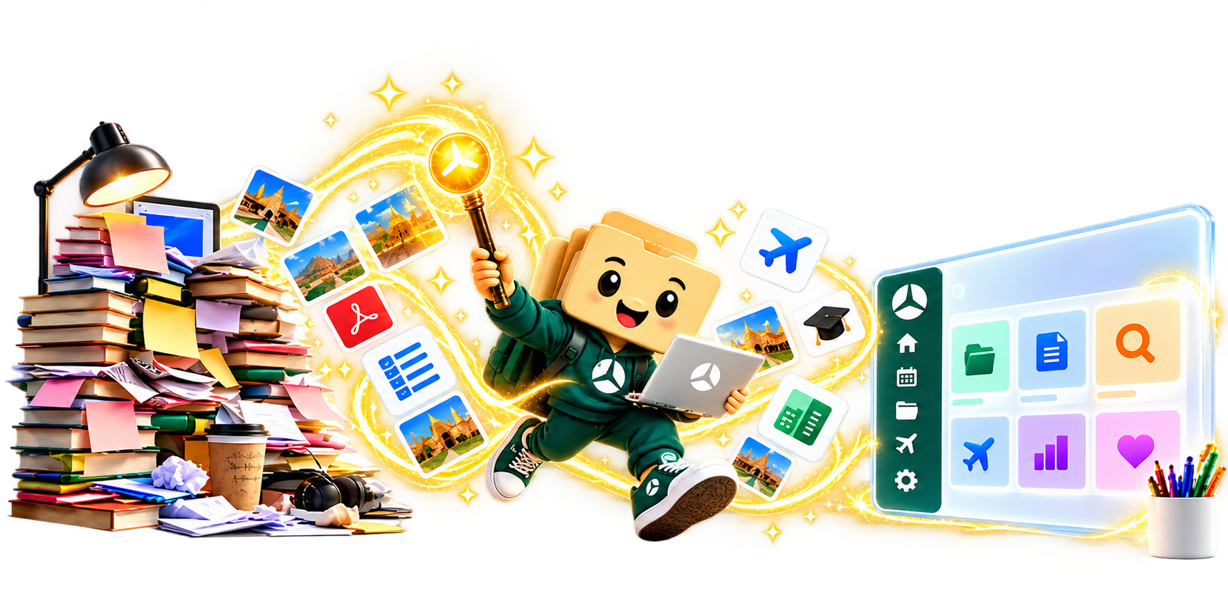 Treevah folder mascot organizing messy files into a clean workspace