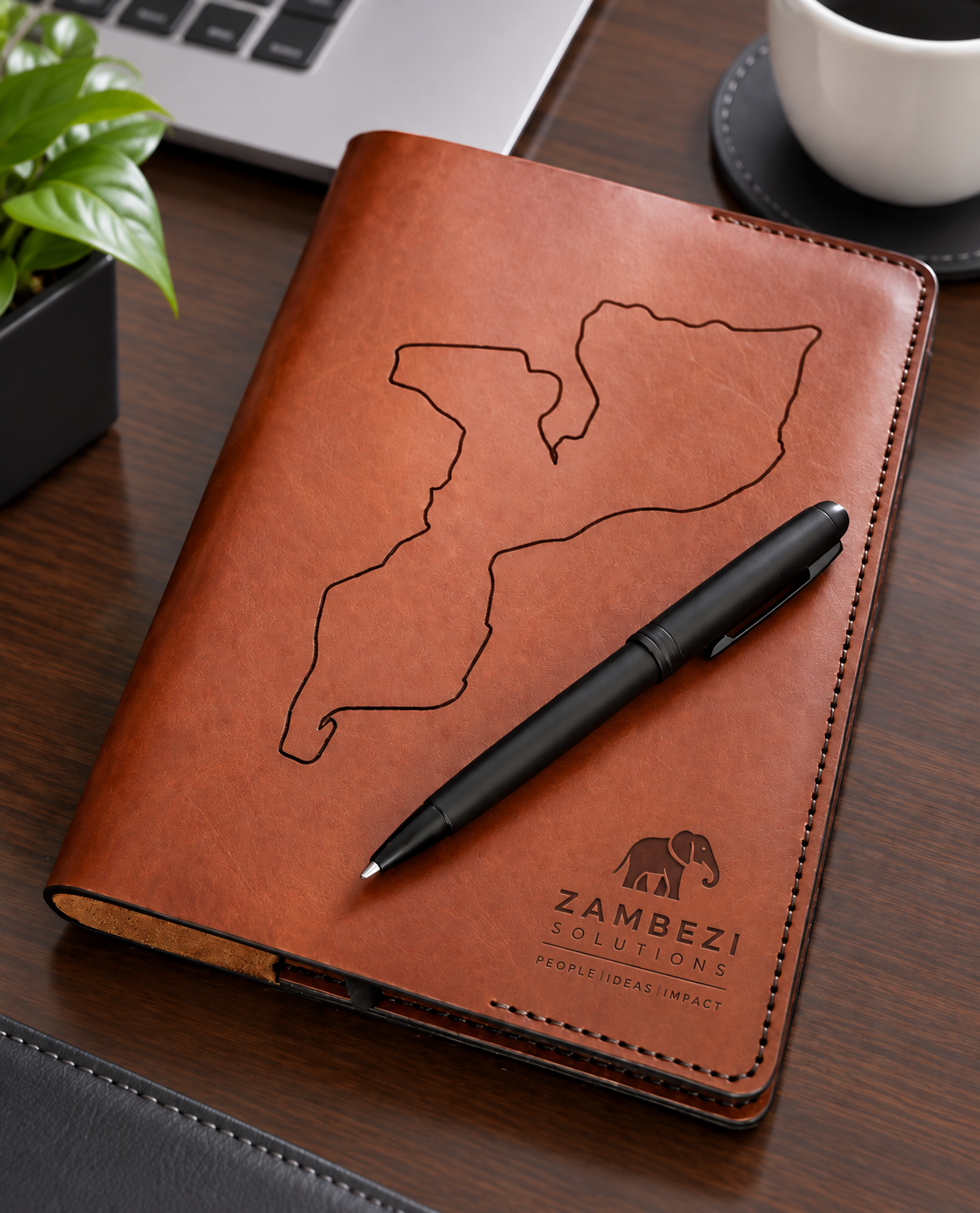 Branded leather notebook cover, GECO corporate gifts