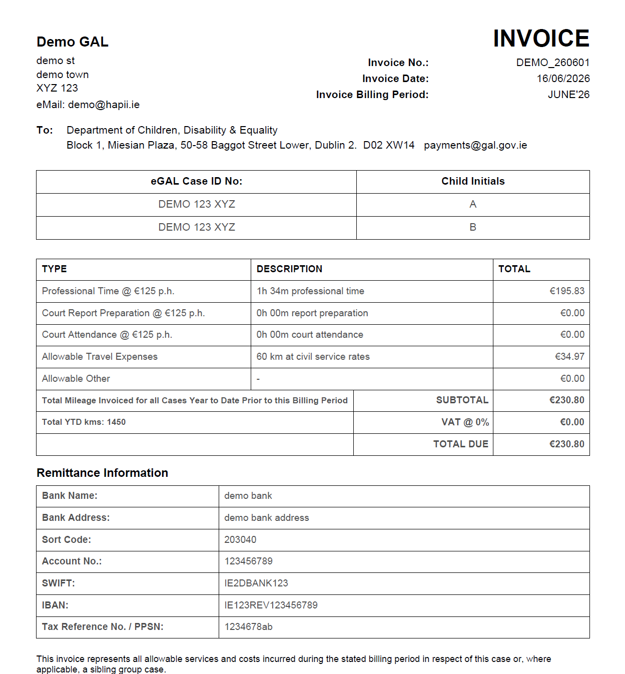 Sample GALNS invoice generated by the GAL Timesheet System, showing case details, activity totals and mileage