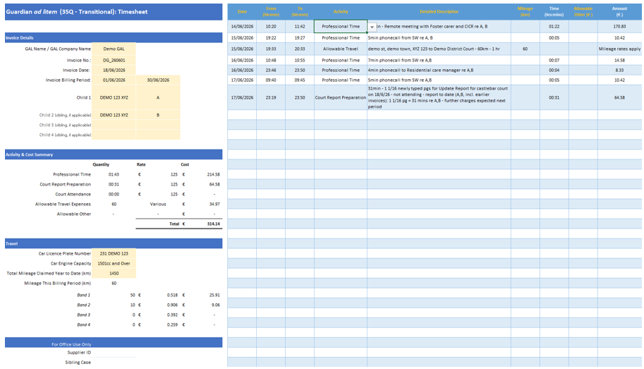 Sample GALNS timesheet generated by the GAL Timesheet System, showing activity summary, mileage summary and the entry grid